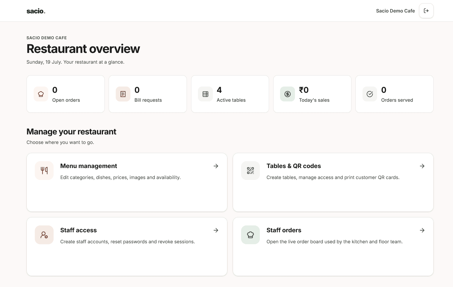 Sacio restaurant owner dashboard overview